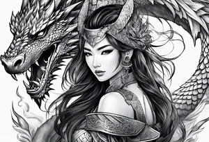 beautiful warrior woman wearing dragon armor tattoo idea