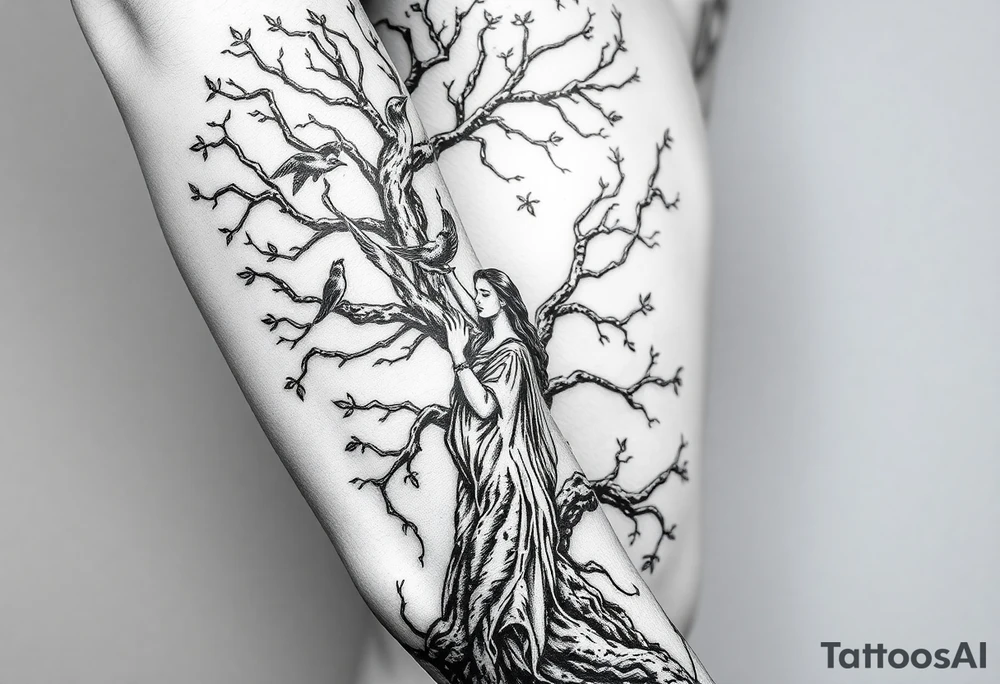 Poison tree with woman and birds and her hands to up into the branches but make her part of the tree put it on the thigh tattoo idea