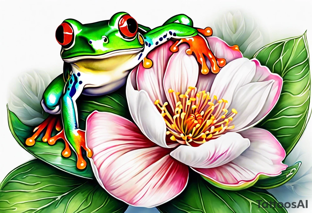 2 Red-eye tree frogs one big and one small sitting on a flower tattoo idea