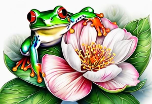 2 Red-eye tree frogs one big and one small sitting on a flower tattoo idea
