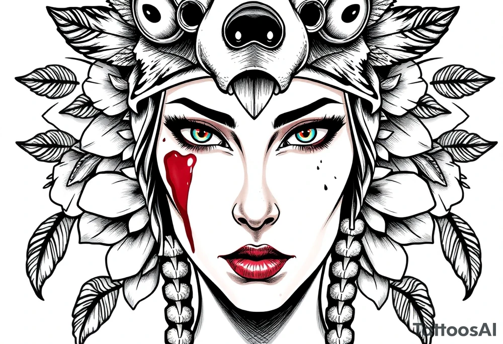 Symmetrical Beautiful Woman, looking forward, with colored eyes, shedding a tear, with battle scars and blood on face, with soft look, wearing a mean looking bear headdress on head, with flower background tattoo idea