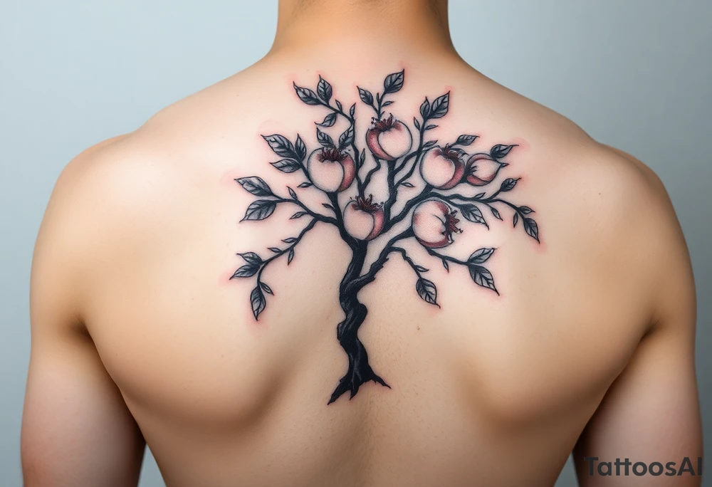 Peach tree with names scripted as branches tattoo idea