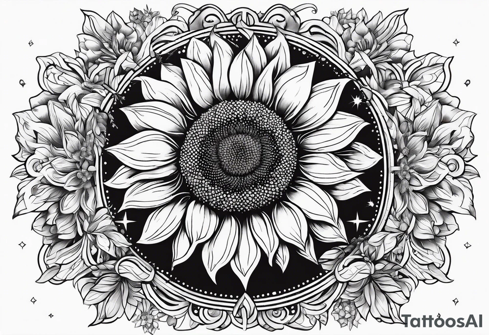 elegant tattoo design with sunflower surrounded by circle of little stars and arrow tattoo idea