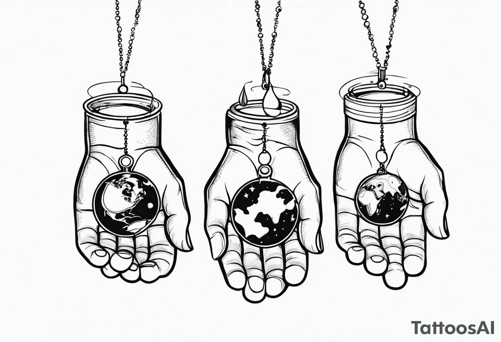 Human hand dangling planets from fingertips tattoo idea
