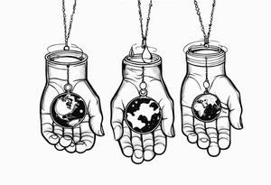 Human hand dangling planets from fingertips tattoo idea