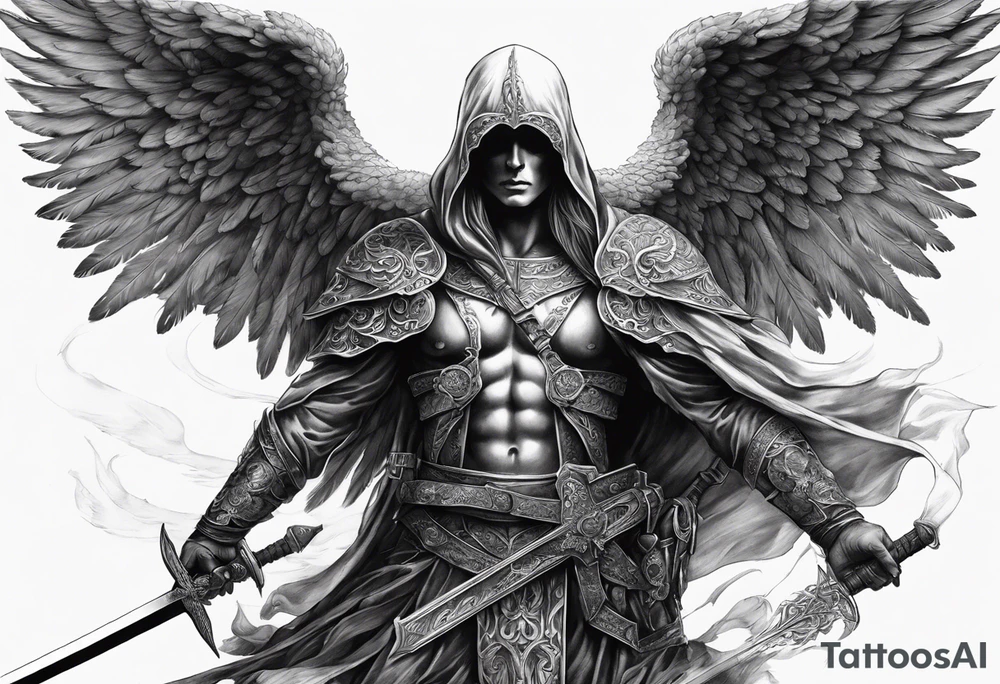 realistic angel of death, full body, without face, holding one sword in both hands, sword pointing downwards, skulls lying on the ground tattoo idea