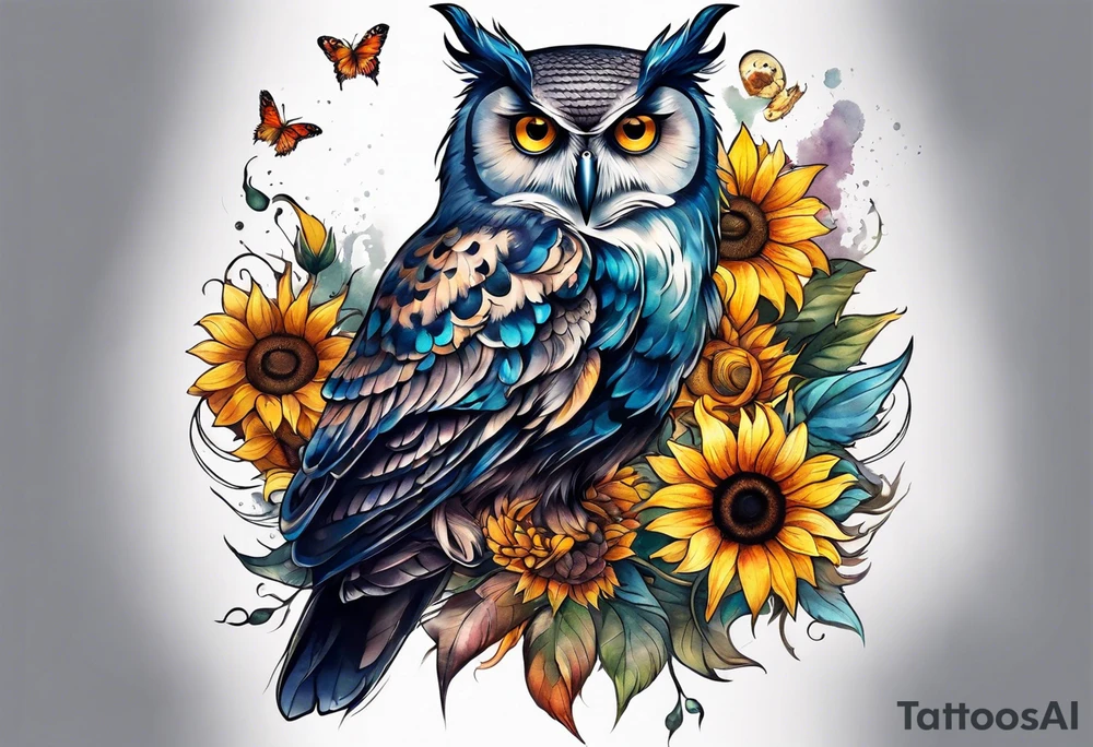 Sleeve with owl, sunflower and butterfly tattoo idea