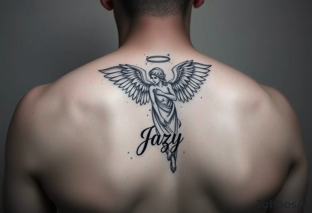 upper arm tattoo - Remembrance angel of a deceased best friend with the name Jazy incorporated tattoo idea