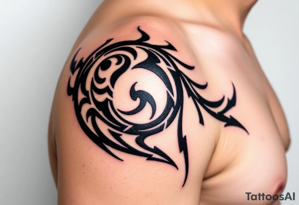 Big dark tribal spiraling down the arm to the elbow with lightning coming off the ends tattoo idea