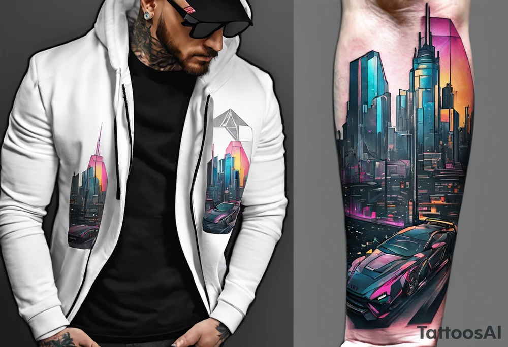 cyberpunk 2077, forearm tattoo, geometric, subtle, men, city skyline, 4k tattoo idea