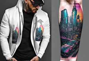 cyberpunk 2077, forearm tattoo, geometric, subtle, men, city skyline, 4k tattoo idea