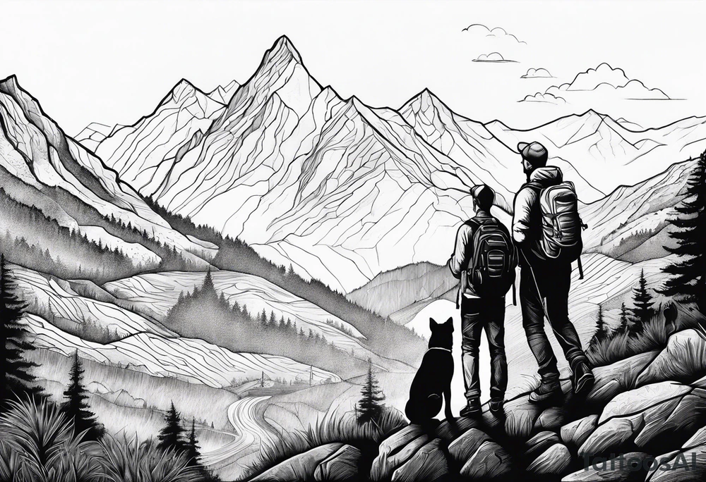 nature, sunset, mountains, a father and son hiking with their dog and cat and a cross tattoo idea
