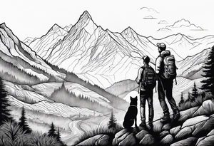 nature, sunset, mountains, a father and son hiking with their dog and cat and a cross tattoo idea