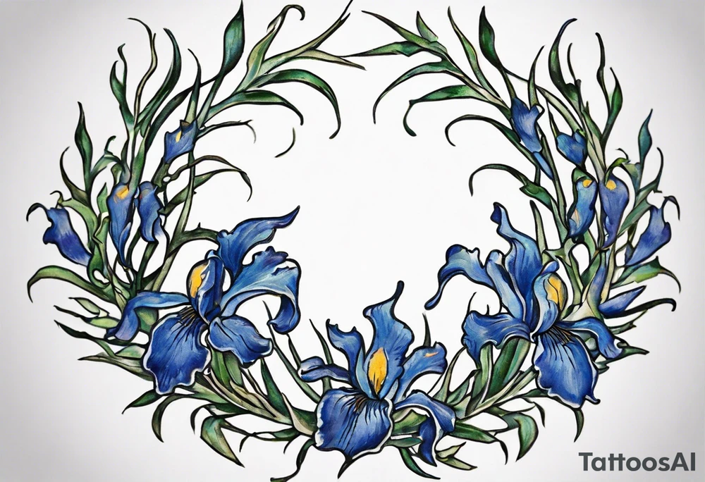 Create a small Vincent van Gogh Irises tattoo. The tattoo should take the form of a crescent, with vines gracefully intertwining at a central point in the middle of the wreath with a bird. The intended placement is on the upper chest. The overall design should be small in size while maintaining a delicate and artistic aesthetic. Pay attention to the graceful flow of the vines and the placement of the irises to achieve a refined and elegant look. tattoo idea