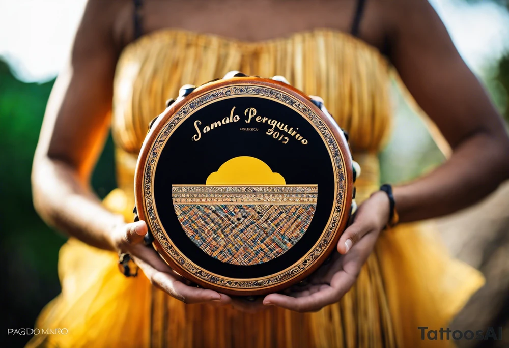 A pandeiro, a traditional Brazilian percussion instrument from pagode music, with the lyrics 'Se alguém perguntar por mim' integrated into the design. The image should evoke a sense of freedom and wandering, as it represents my love for samba and my journey through different countries. The pandeiro should be the central element, with flowing musical notes surrounding it and the lyrics curving around in a handwritten style, all designed to fit as a leg tattoo. Preferably in black and white. tattoo idea