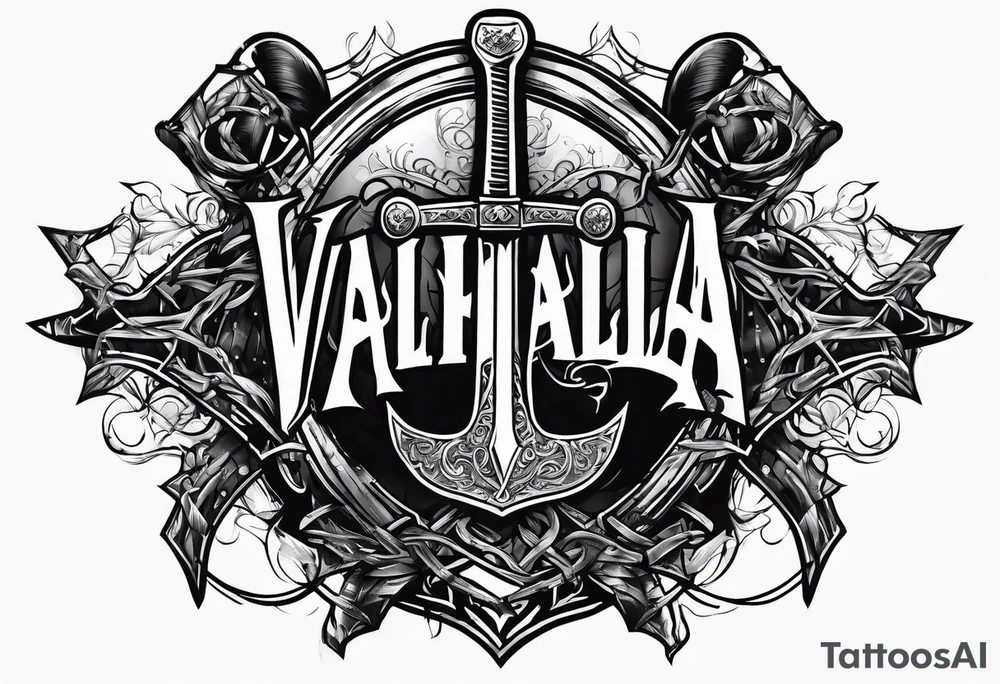 Valhalla sword shield axe barbed wire tattoo idea
