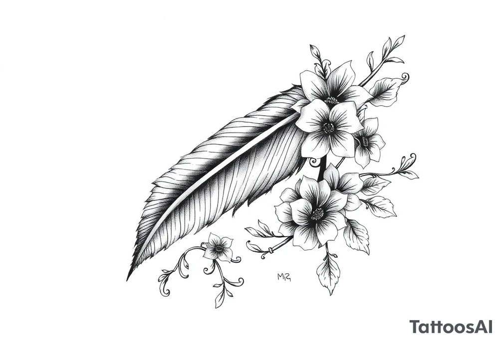 Feather with flowing vine and flower tattoo idea