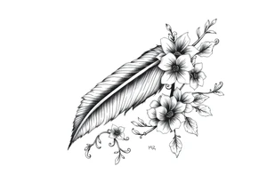 Feather with flowing vine and flower tattoo idea