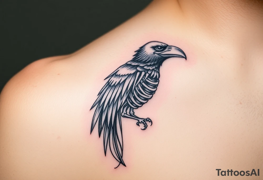 Powerful mythical creature that is half raven skeleton half peackock tattoo idea