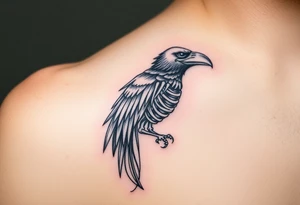 Powerful mythical creature that is half raven skeleton half peackock tattoo idea