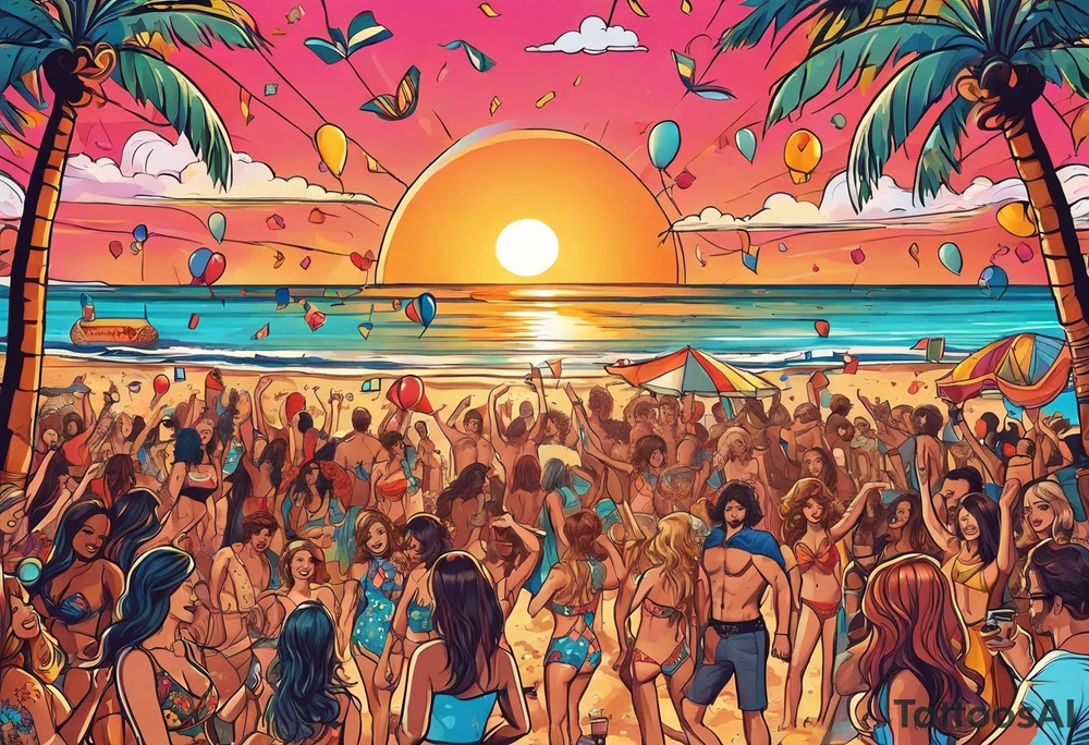 1970'S BEACH PARTY 
party, include confetti, music notes, 
, bikinis sunset in the center tattoo idea