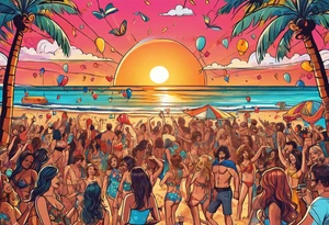 1970'S BEACH PARTY 
party, include confetti, music notes, 
, bikinis sunset in the center tattoo idea