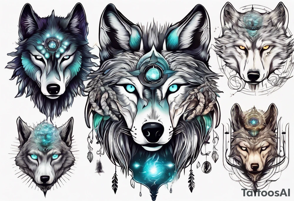 A wolf with a glowing pineal gland and spiritual symbolism tattoo idea