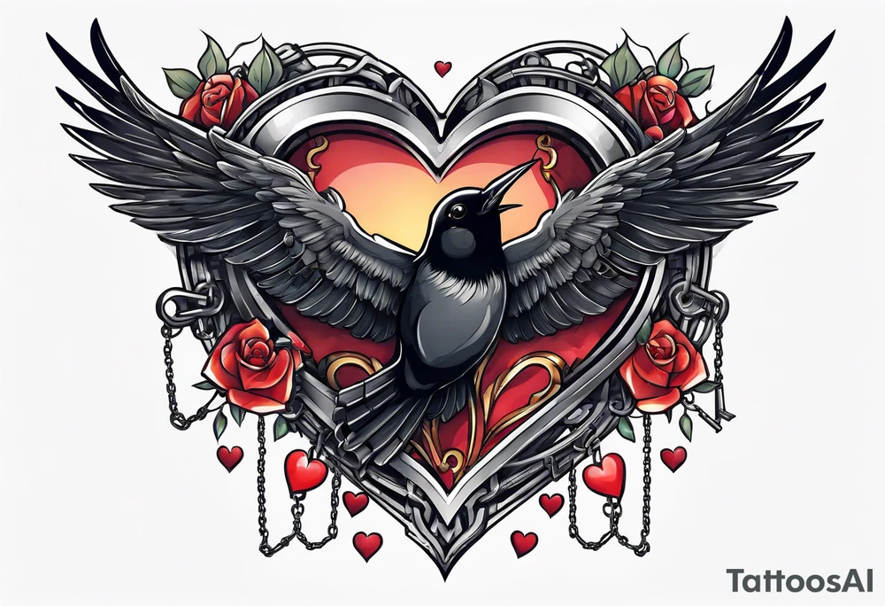 heart under lock and key with chains and a black bird flying away with the key tattoo idea