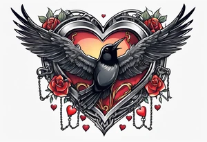 heart under lock and key with chains and a black bird flying away with the key tattoo idea