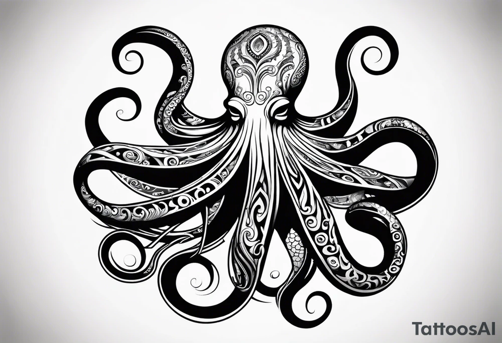 Hawaii tribal octopus with thick lines, less detail, and water waves tattoo idea