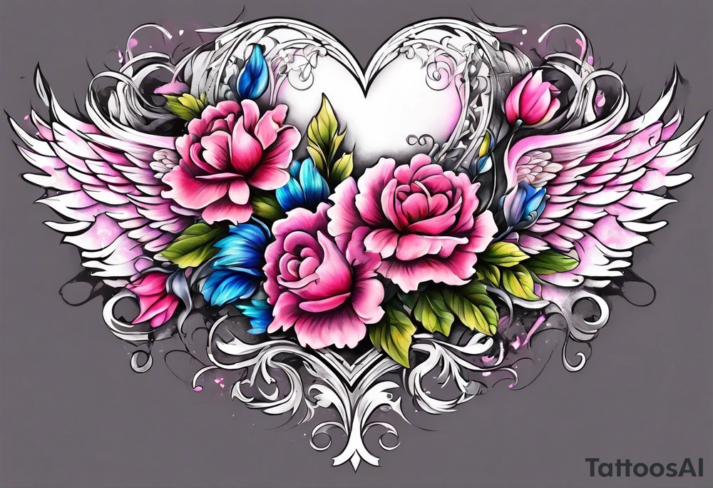 Flowers around a heart with angel wings with pink colors arm sleeve tattoo idea