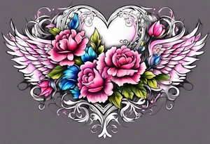 Flowers around a heart with angel wings with pink colors arm sleeve tattoo idea