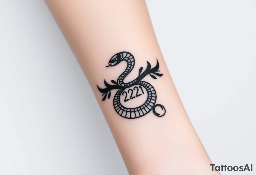 I want a small simple silhouette lines black and white wrist majestic royal snake tattoo that has number 12821 on its body along and also I want it to represent feminine energy crown queen Cycle tattoo idea