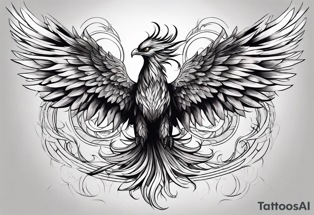 a phoenix rising from the ashes, with an angel opening its wings on the background tattoo idea