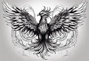 a phoenix rising from the ashes, with an angel opening its wings on the background tattoo idea