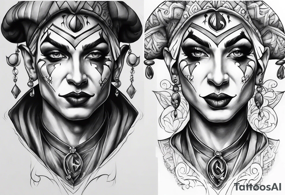 Happy and sad two face jester tattoo idea