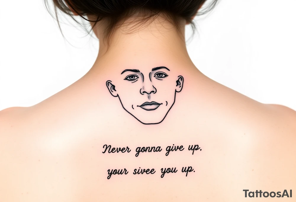 Young Rick Astley Face with Never Gonna Give You Up text tattoo idea