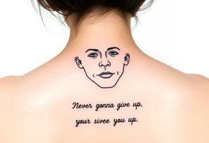 Young Rick Astley Face with Never Gonna Give You Up text tattoo idea