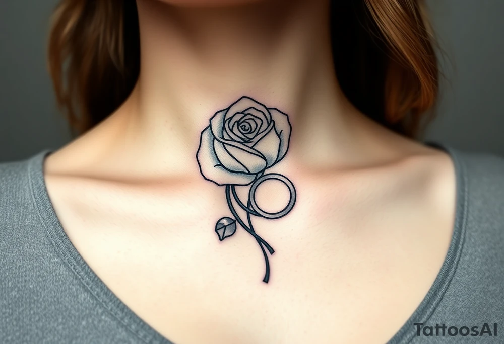 A minimalist blooming rose wrapped around a two wedding rings, with dewdrops reflecting light tattoo idea