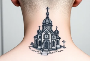 rusian orthodox domes church with a virgin mary in a russian rural village with Church Slavonic script or Cyrillic text — a prayer or meaningful phrase running along the sides tattoo idea