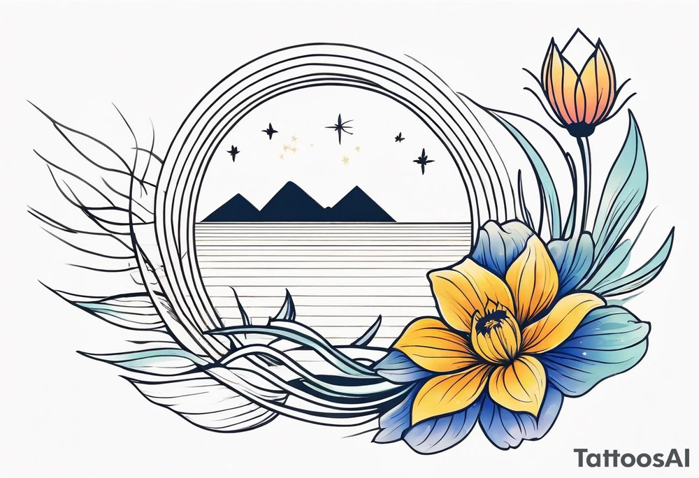 AUM symbol, one flying 
sparrow, sunrays, staircase, cosmos, iris, daisy tattoo idea