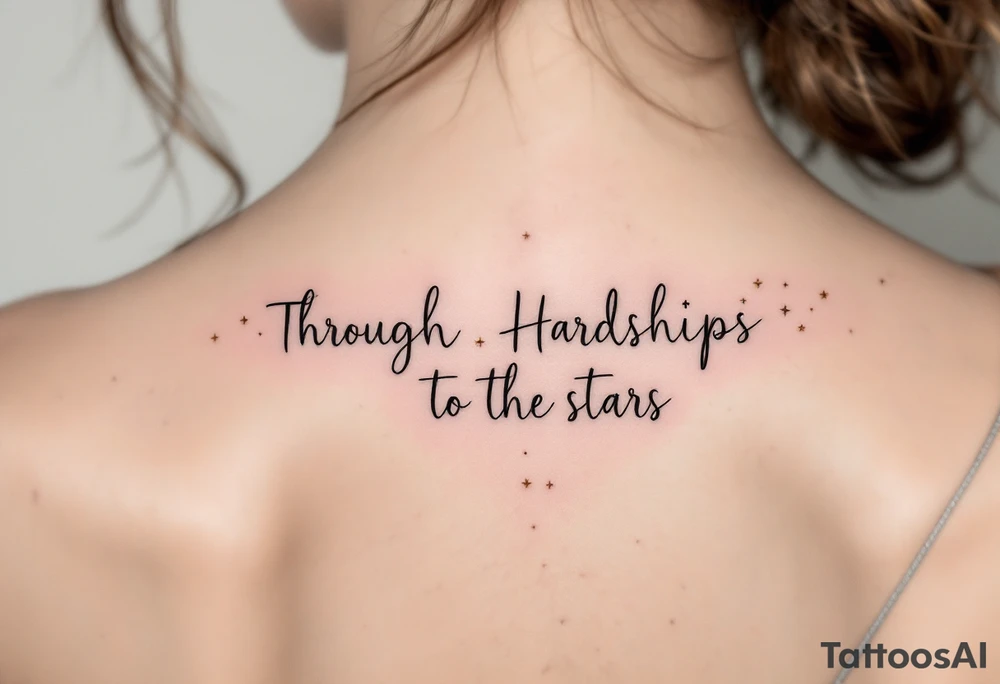 A minimal black line script of the english phrase “Through Hardships to the stars” is paired with tiny gold stars scattered along the collarbone. tattoo idea