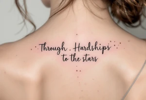 A minimal black line script of the english phrase “Through Hardships to the stars” is paired with tiny gold stars scattered along the collarbone. tattoo idea