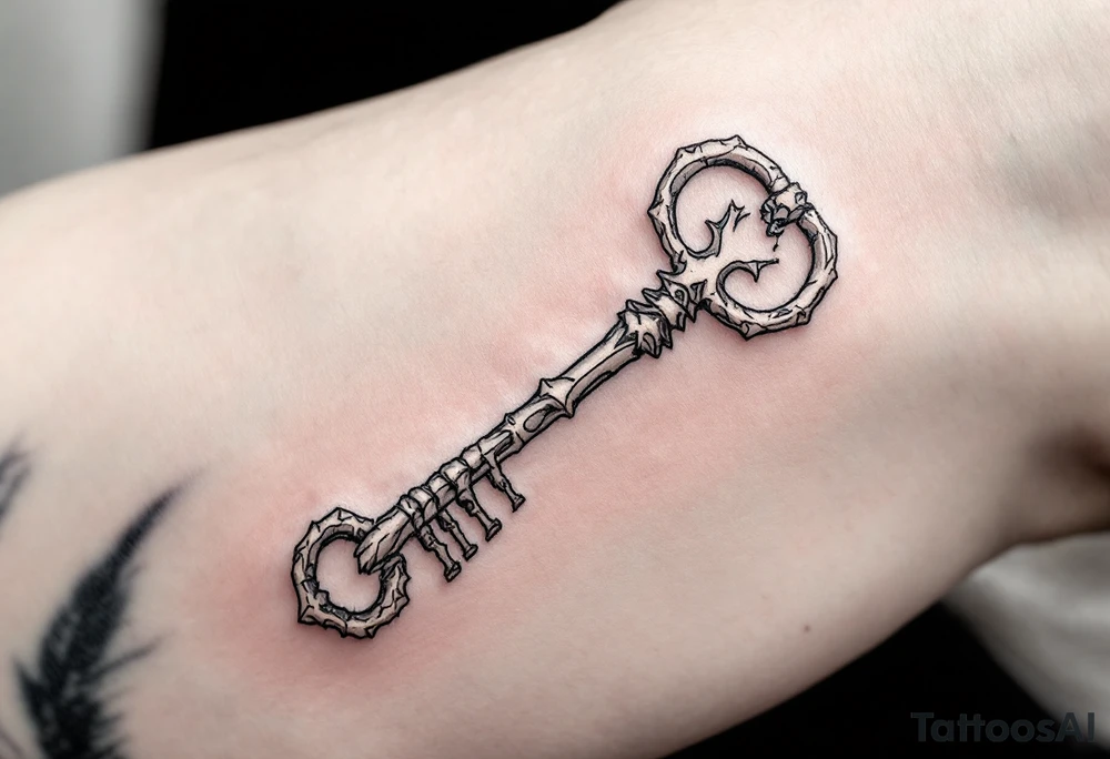 Key is carved from a skeletal finger bone and the lock placed next to it. The style is fine line with soft shading in muted gray and bone white, accented with light shadowing and subtle black ink details to give it a haunting yet elegant vibe. tattoo idea