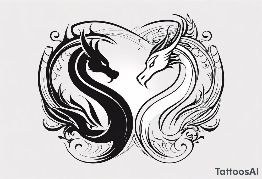 For a Gen Z-inspired dragon and phoenix tattoo, think of a clean, minimalist design that combines symbolism with bold, sleek lines. Imagine a dragon and phoenix spiraling together in a yin-yang-inspired layout. The dragon has a slightly abstract, modern shape, with sharp, flowing lines to show power, resilience, and wisdom, while the phoenix is rendered with sweeping curves and minimal detailing, symbolizing rebirth, growth, and transformation.

Both creatures should interact in a harmonious way, representing balance and duality. To keep it meaningful, focus on line work rather than intricate shading—clear, open spaces allow the tattoo to feel light and energetic. Adding small symbols, like stars or a faint galaxy backdrop, can enhance the "rising from ashes" and "strength through challenge" themes. This design will have a timeless appeal while resonating with Gen Z’s love for symbolism and simplicity. tattoo idea