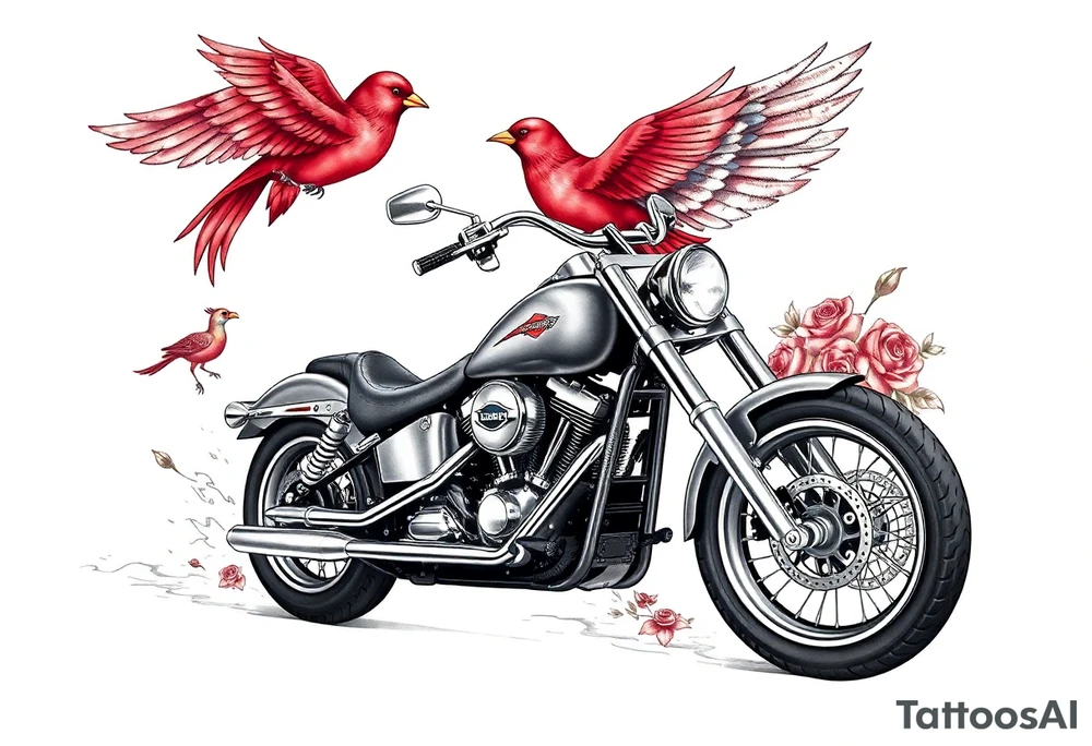 Harley grey motorcycle driving away, two red birds flying, roses, flames, angel wings tattoo idea