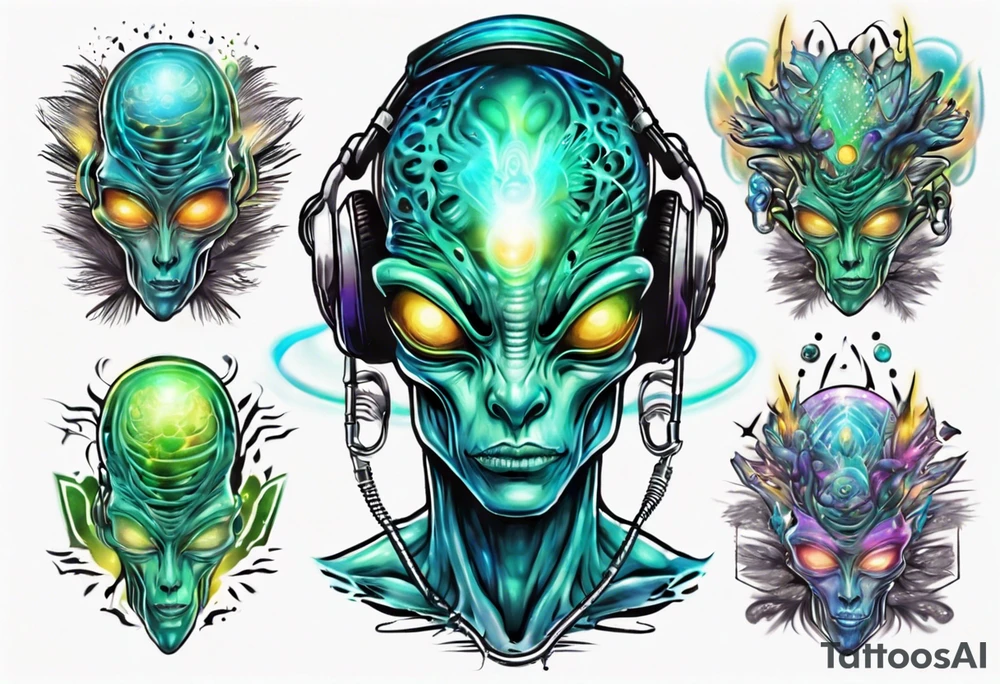 An alien DJ with a glowing pineal gland and energy flowing tattoo idea