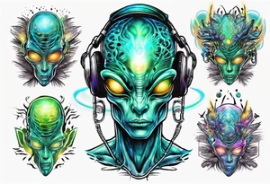 An alien DJ with a glowing pineal gland and energy flowing tattoo idea