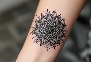 A dotwork circle in black ink fading into soft gradients of gray, forming a mandala-like texture. tattoo idea