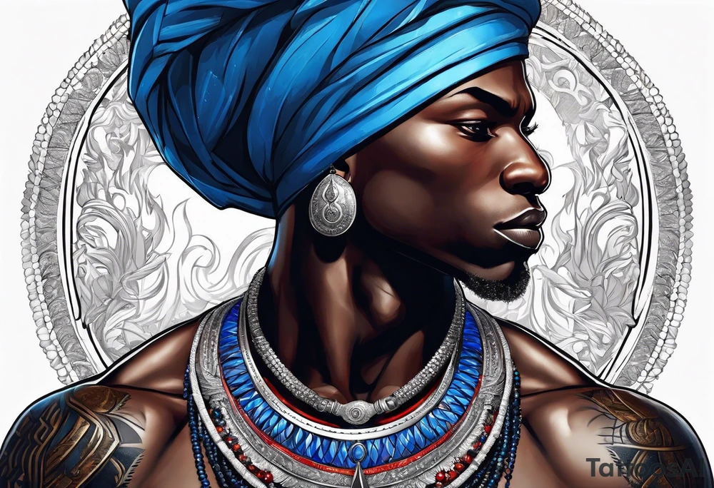 Black-skinned bald african warrior. He wears  a small silver crown. He wears two simple necklaces: one blue, other red. Looking front tattoo idea